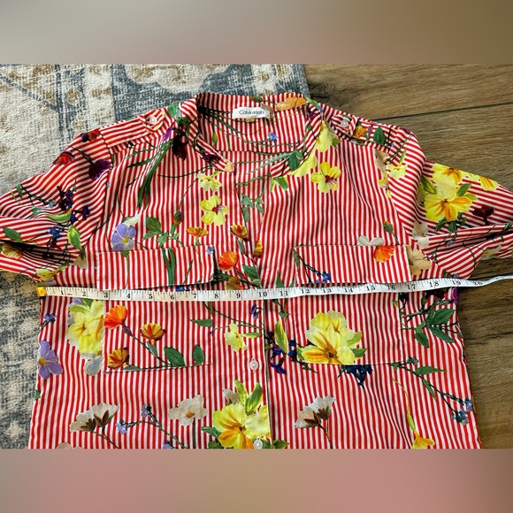 Calvin Klein Vibrant Red & White Striped Floral Button Down Blouse - Picture 9 of 10